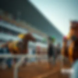 A vibrant scene of a horse race at a Korean racetrack capturing the excitement of the event